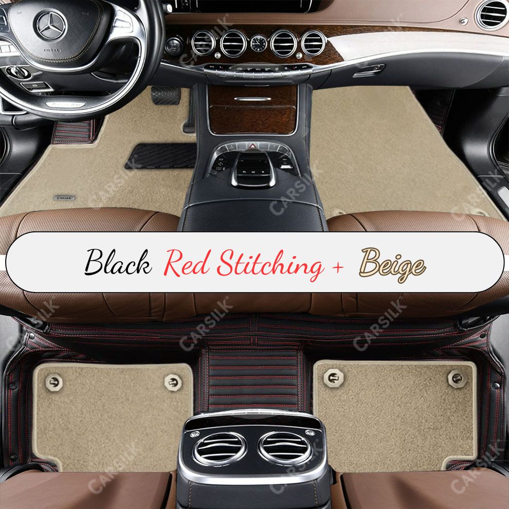 BLACK & RED STITCHING STRIPE BASE WITH BEIGE TOP CARPET DOUBLE LAYER CAR MAT SET