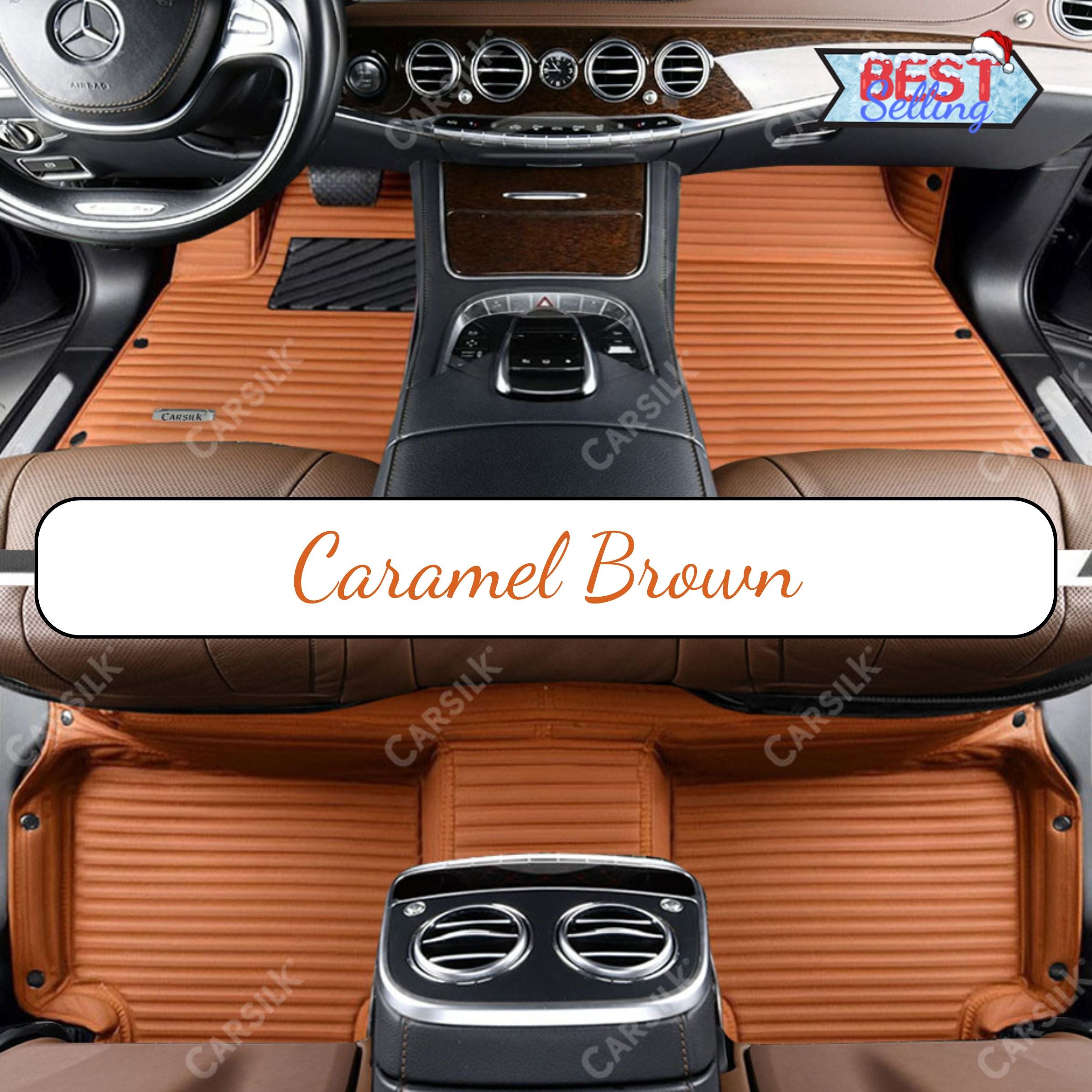 STRIPE CUSTOM SINGLE LAYER CAR MATS SET CARAMEL BROWN